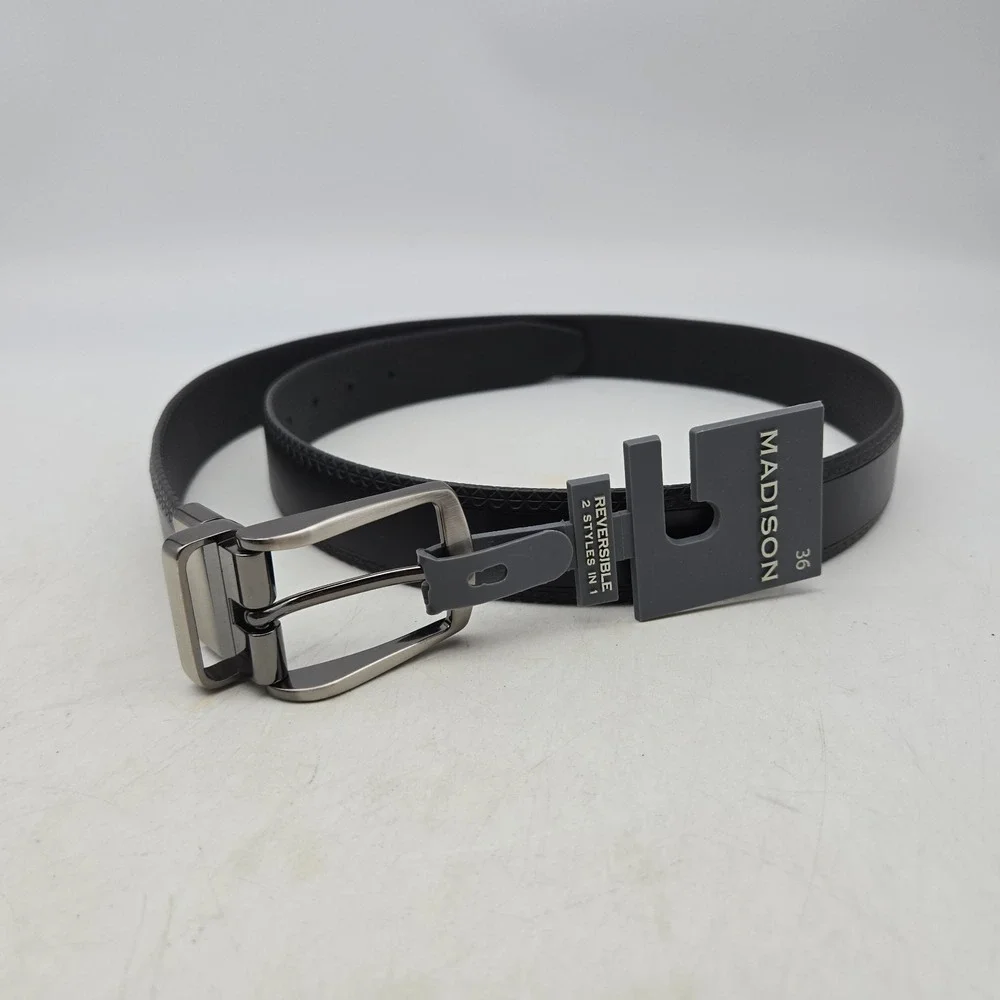 Madison Belt Black Textured Reversible Syn Leather Men 36 Nickel Buckle New